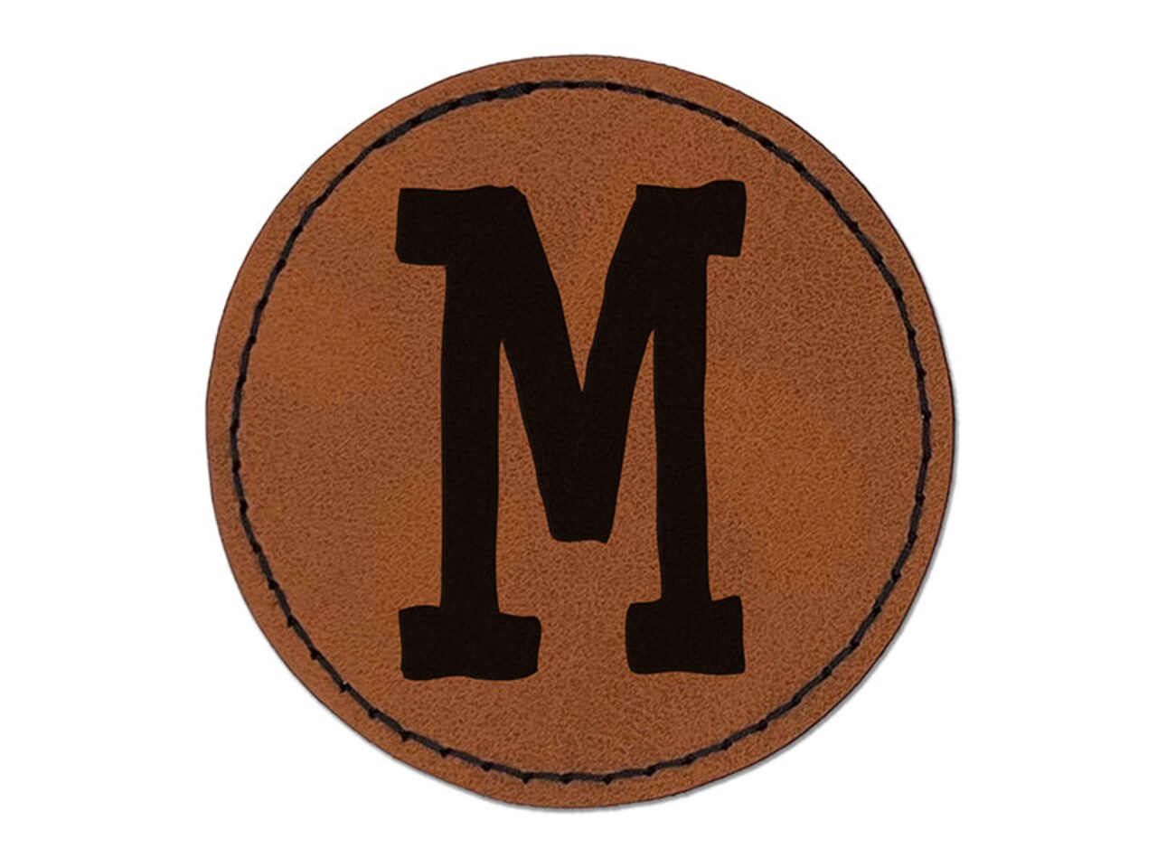 Letter M Uppercase Cute Typewriter Font Round Iron-On Engraved Faux Leather Patch Applique - 2.5"